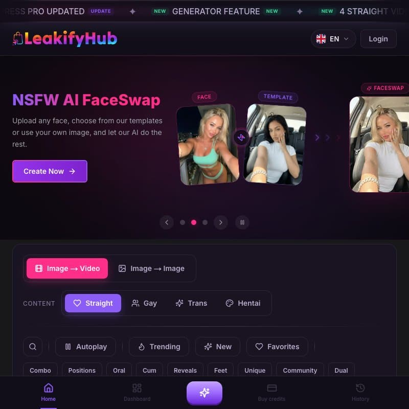 LeakifyHub product interface showing its image and video creation dashboard